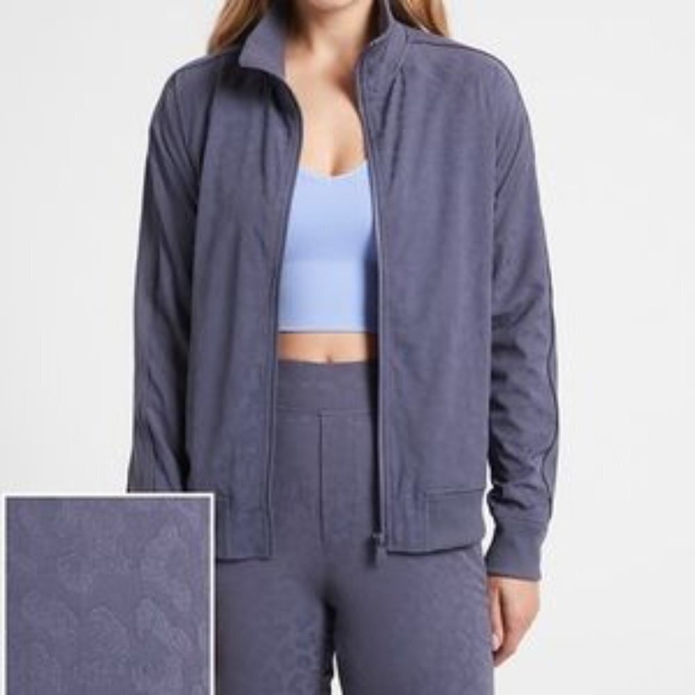 Athleta Brooklyn Bomber Jacket Leopard Medieval Violet